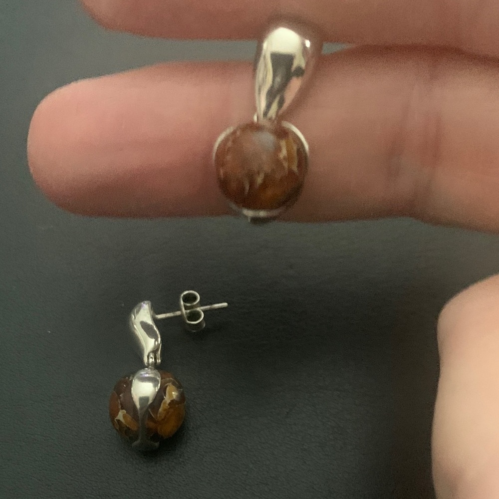 Sterling Silver Amber Drop Earrings - Brown Amber Beads
